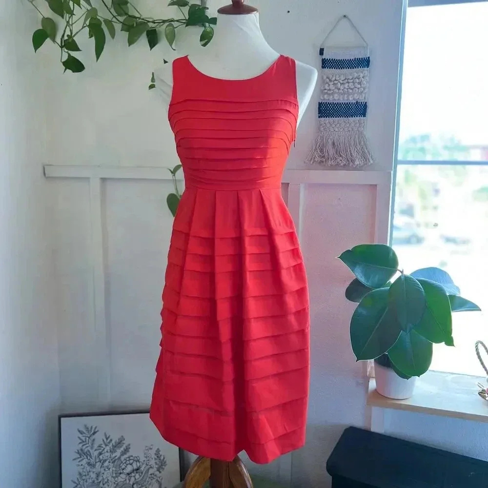 Eva Franco Womens Red Orange Pleated Crossback Dress Sz 0 60s Twee Mod Retro